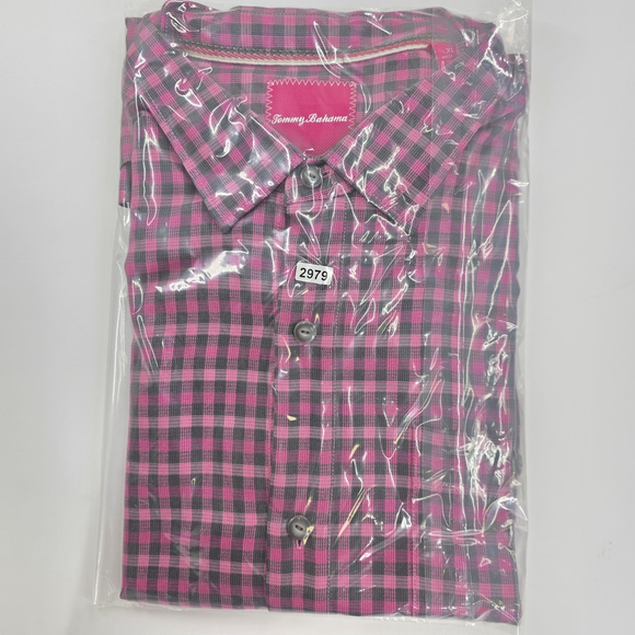 Resort Luxury Tommy Bahama Silk Shirt Men XL Pink Plaid Vacation - Picture 9 of 9